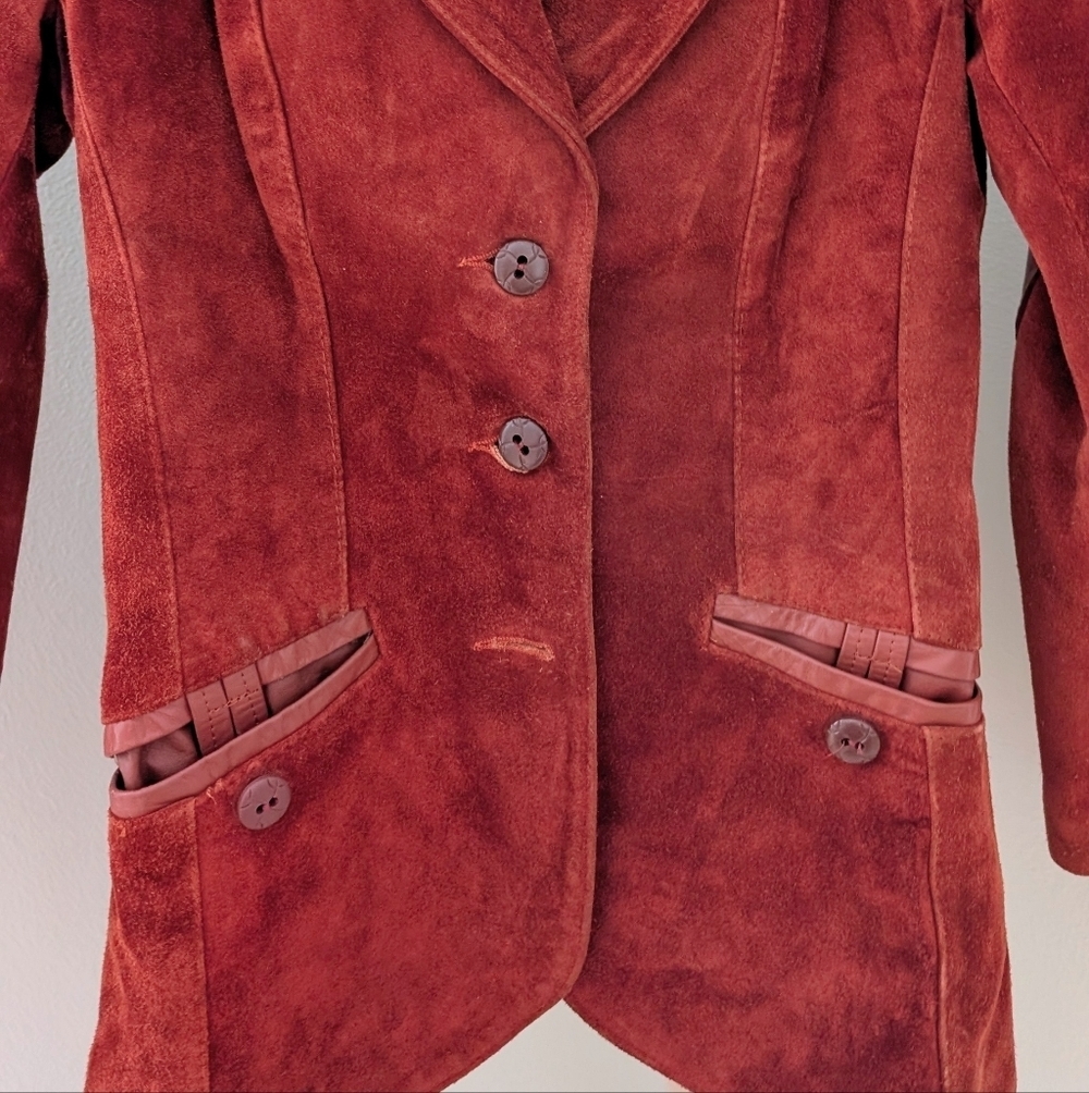 Vintage Authentic Leather Suede Collared Button Down Blazer In Rust/Burnt Orange - Picture 6 of 9